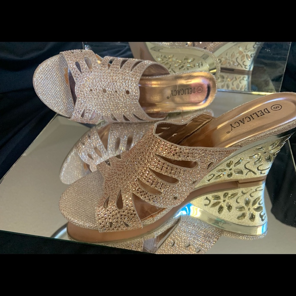 Gold Slip On Wedge Heel Sandals